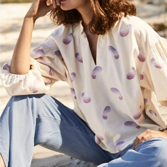 J. Jill Barley Multi Sz XL Cotton Blend Boho Oversized Split-Neck Top - Picture 12 of 12